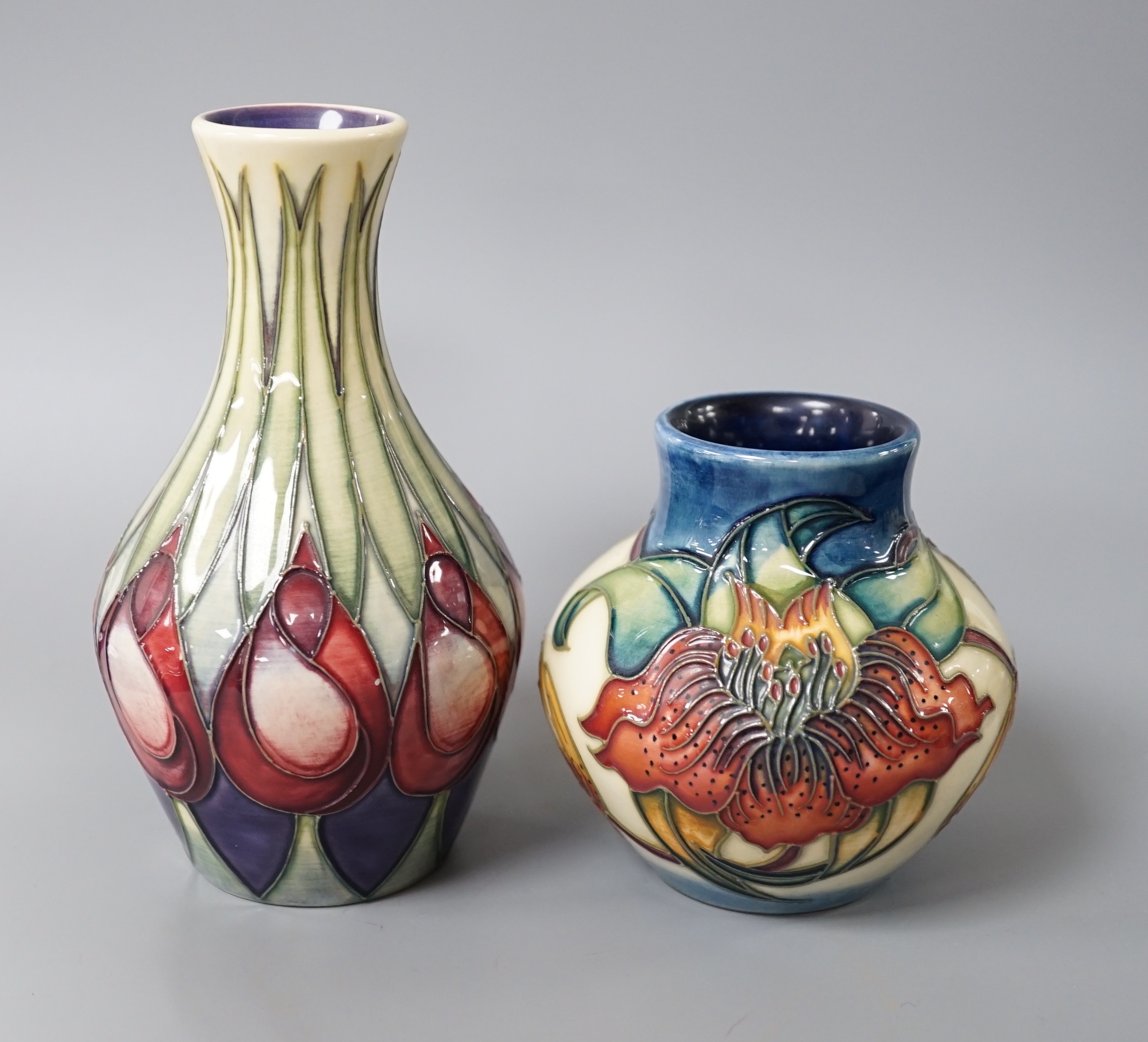 A Moorcroft ‘Anna Lily’ squat vase and a Moorcroft ‘April Tulips’ 13.5cm